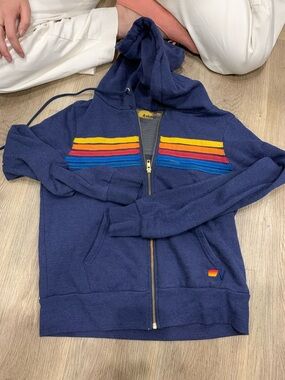 Aviator Nation Navy Zip Hoodie with Yellow Red and Blue Stripes